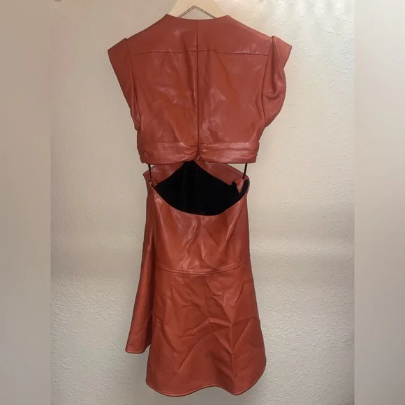 A.L.C Lexi orange or brown vegan leather v neck cutout mini dress - Picture 8 of 12